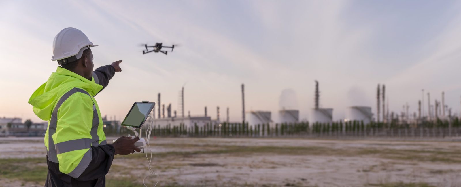 Engineer surveyor team Use drone for operator inspecting and sur Engineer surveyor team Use drone for operator inspecting and survey construction site. Surveyors or explorer use drones to view construction sites or check security